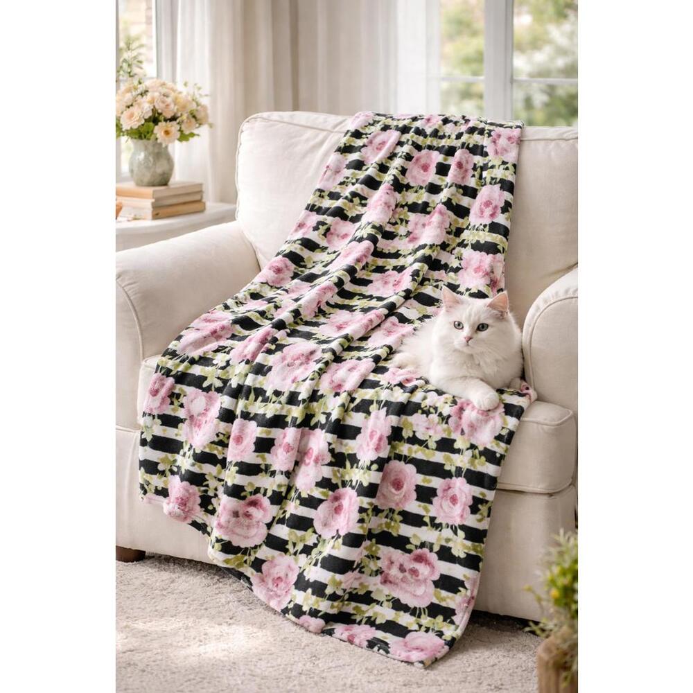 Cozy Artisan Floral Plush Throw Blanket Black Striped Pink Roses Polar Fleece